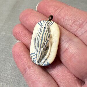 Vintage Blue and White Striped Clay Seashell Pendant